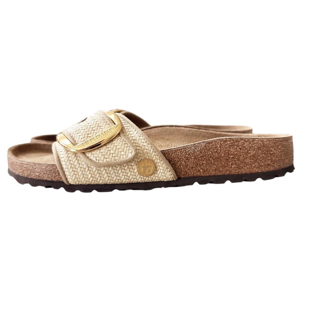 Birkenstock Cream Raffia Single-Strap Slide Sandals with Gold Buckle Detail. - Picture 6 of 13